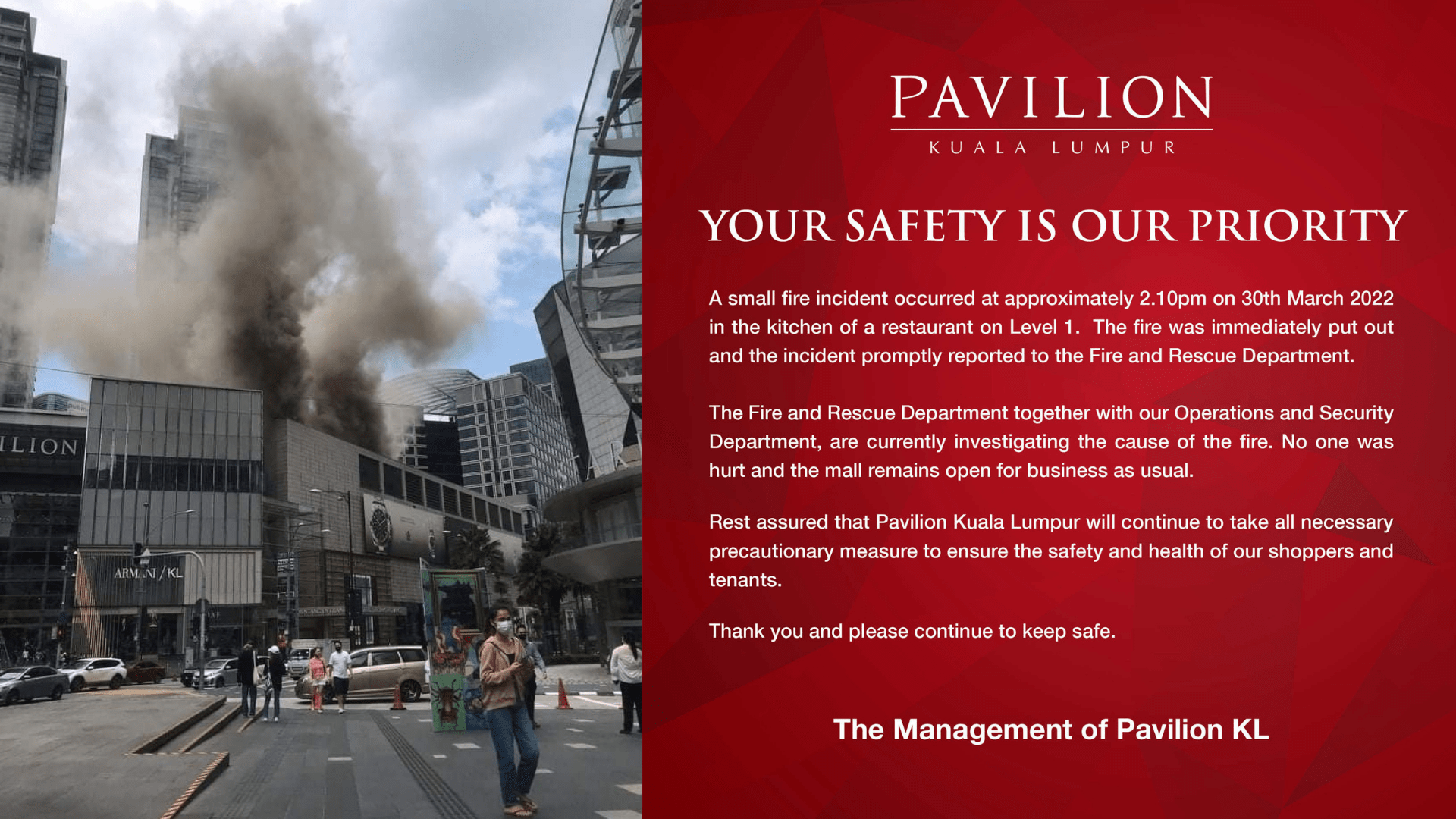 A fire at Pavilion KL! The cause of the fire is under investigation